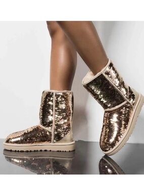 UGG Classic Short Sparkle Sequin Boots Champagne Bronze Gold Women's Size 9